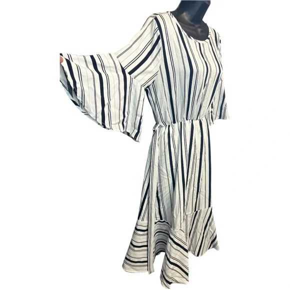 FLAMINGO Blue & White Striped Midi 3/4 Bell Slv, Slip on Dress & slip Sz.M - Picture 1 of 13